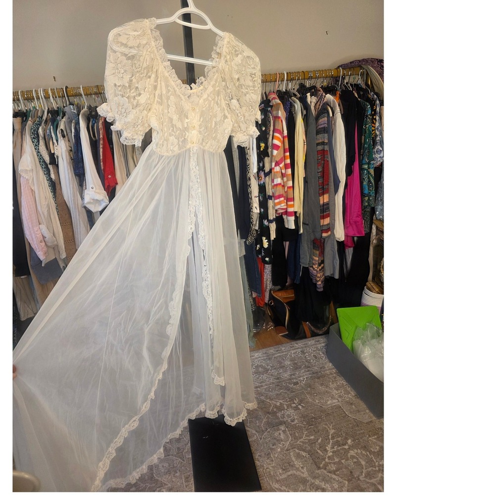 Vintage 70's Tosca Peignoir Set White Lace Robe, Chiffon Gown L Babydoll Bridal